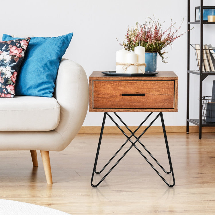 Nightstand Coffee Table Storage Display with Steel Legs and 1 Drawer