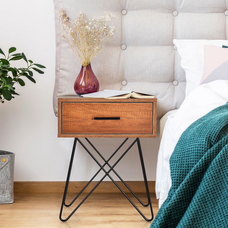 Nightstand Coffee Table Storage Display with Steel Legs and 1 Drawer