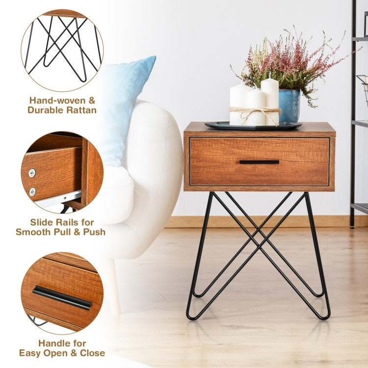 Nightstand Coffee Table Storage Display with Steel Legs and 1 Drawer