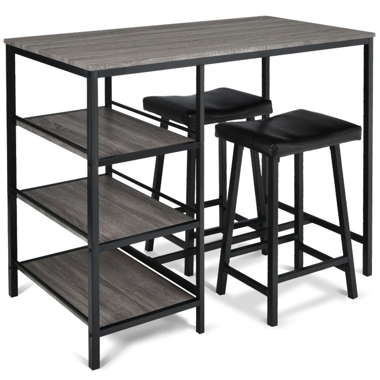 3 Pieces Counter Height Dining Bar Table Set with 2 Stools and 3 Storage Shelves