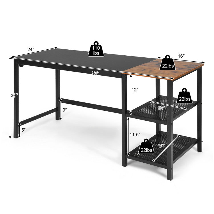 59 Inch Industrial Computer Desk with 2 Tier Storage Shelves for Home Office