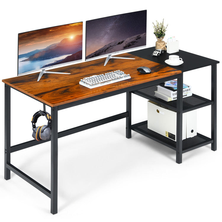 59 Inch Industrial Computer Desk with 2 Tier Storage Shelves for Home Office