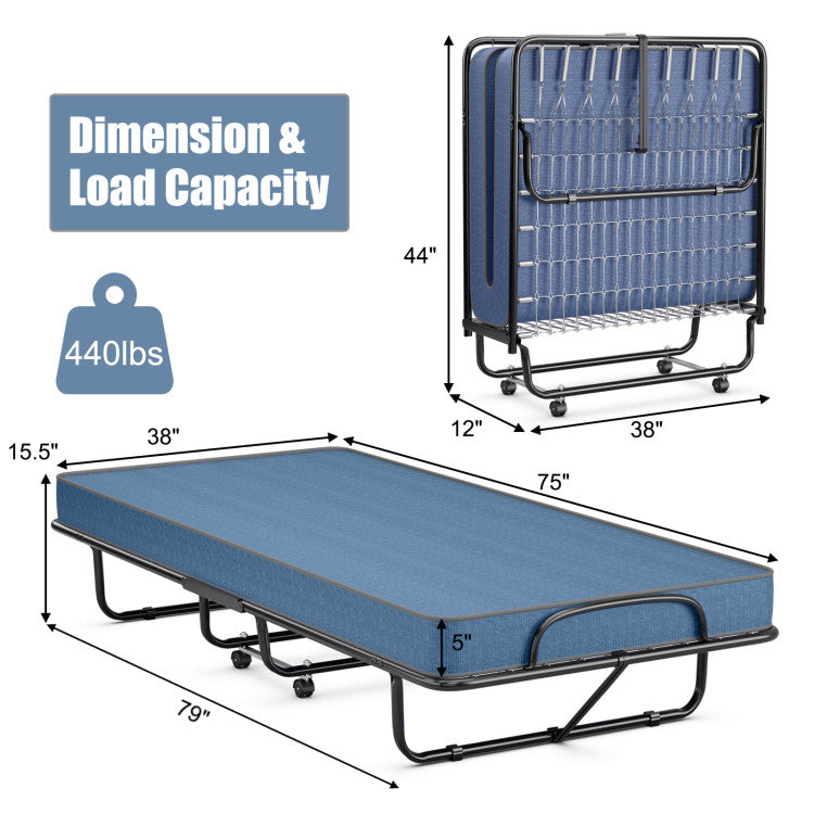 Made in Italy 5 Inch Memory Foam Rollaway Guest Bed with Sturdy Steel Frame and Wheels