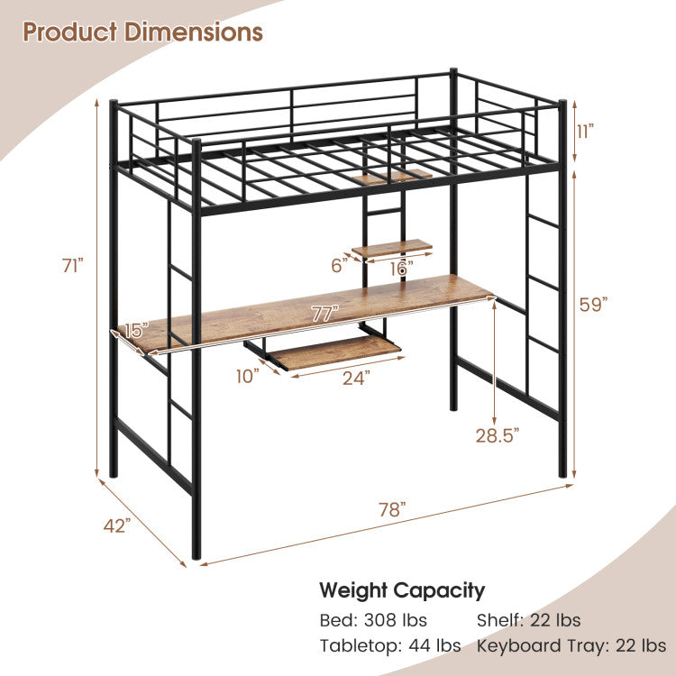 Twin Size Loft Bunk Bed with Desk Storage Shelf and Full-Length Ladders