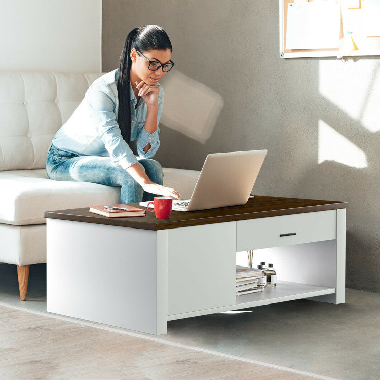 Modern Coffee Table with Front Back Drawers and Compartments for Living Room