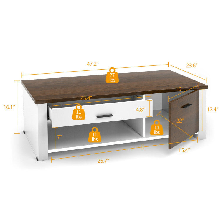 Modern Coffee Table with Front Back Drawers and Compartments for Living Room