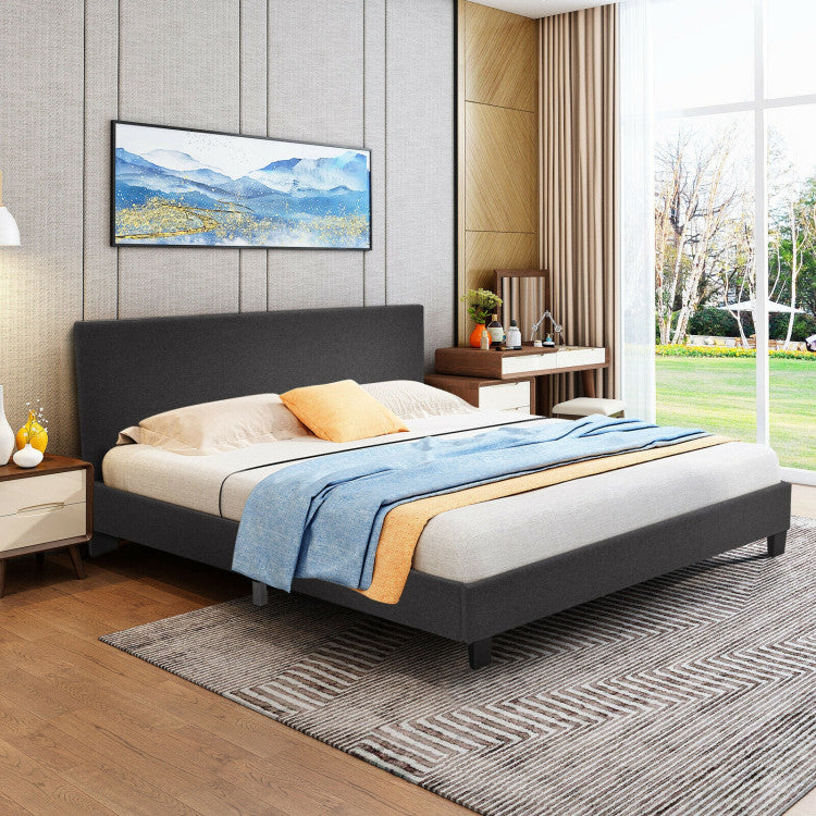 Full Upholstered Platform Bed Frame with Headboard Wood Slat