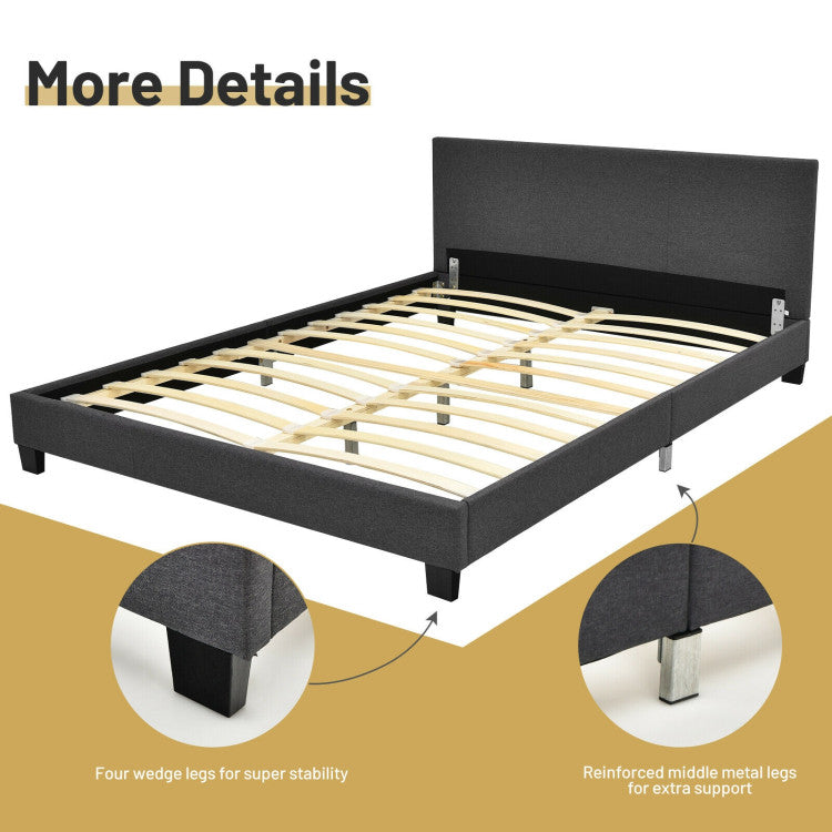 Full Upholstered Platform Bed Frame with Headboard Wood Slat