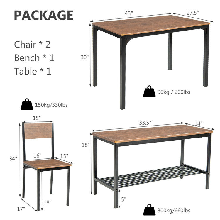 4 Pieces Rustic Dining Table Set with 2 Chairs and Bench