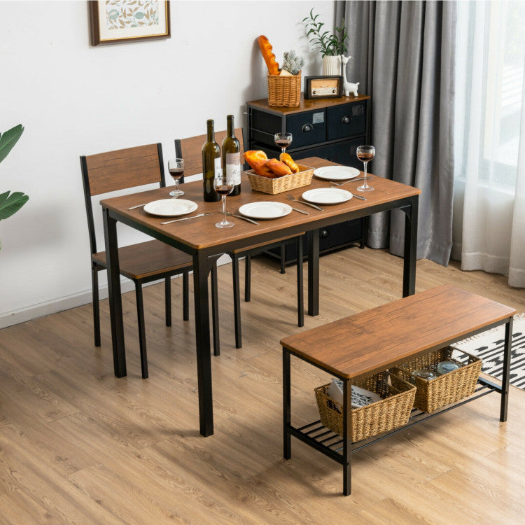 4 Pieces Rustic Dining Table Set with 2 Chairs and Bench