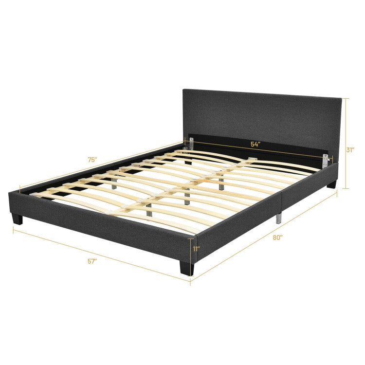 Full Upholstered Platform Bed Frame with Headboard Wood Slat