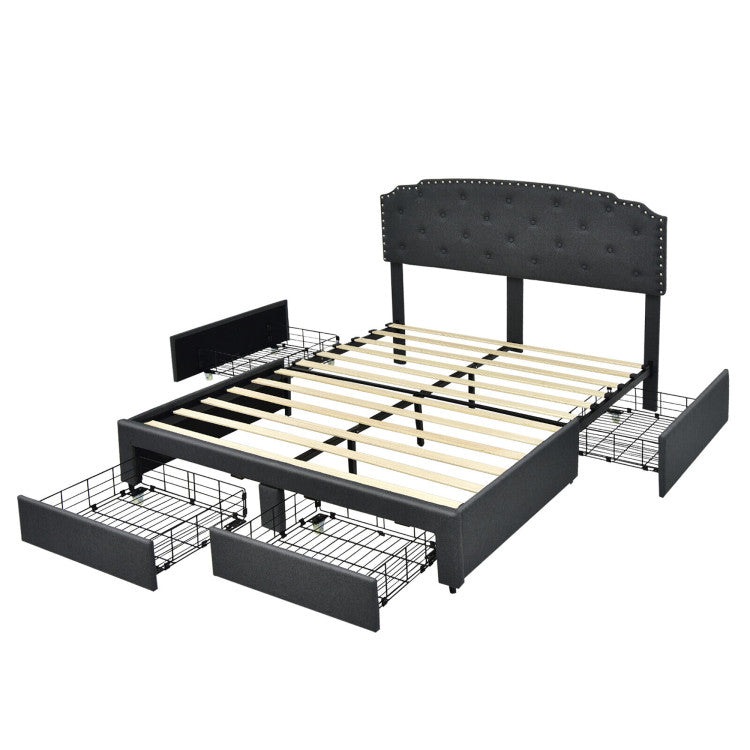 Upholstered Bed Frame with 4 Storage Drawers and Adjustable Button-Tufte