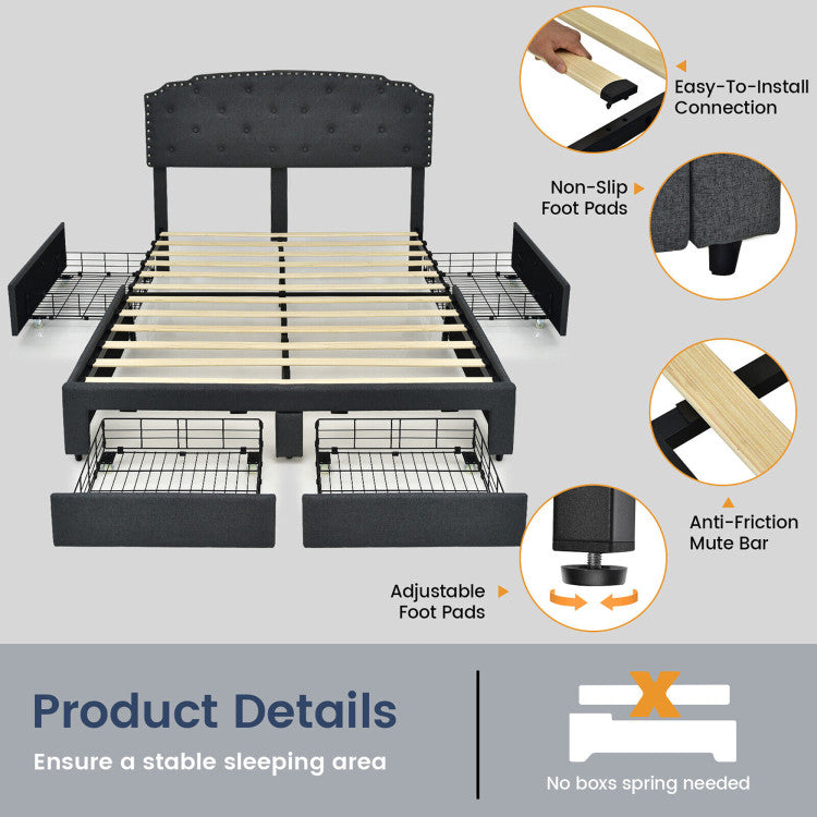 Upholstered Bed Frame with 4 Storage Drawers and Adjustable Button-Tufte