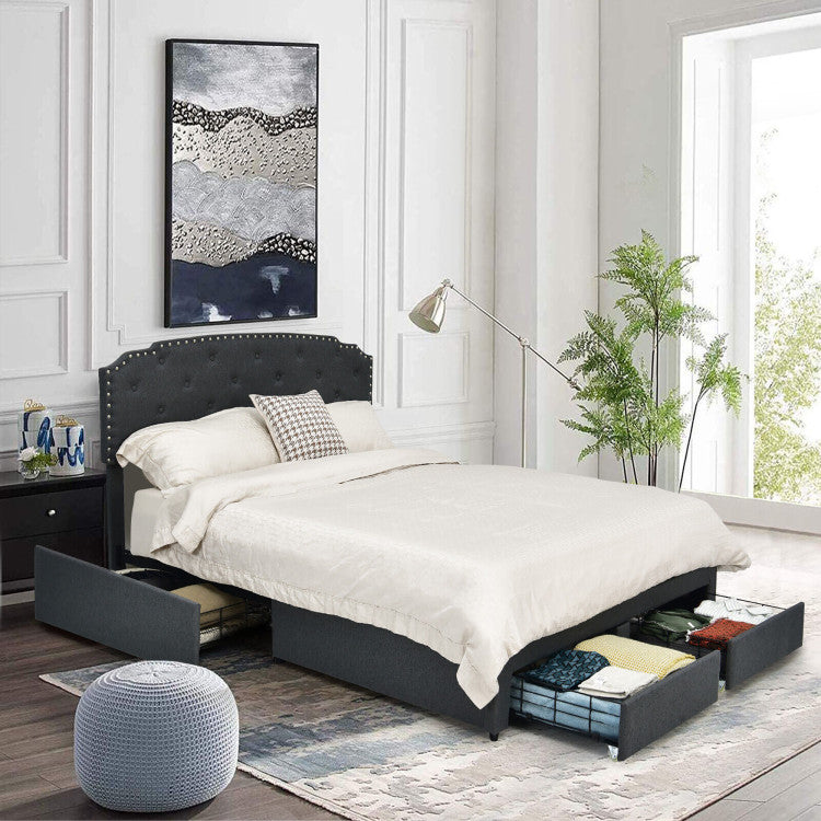 Upholstered Bed Frame with 4 Storage Drawers and Adjustable Button-Tufte