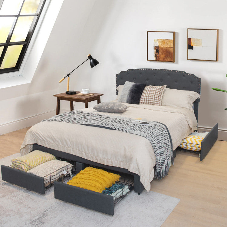 Upholstered Bed Frame with 4 Storage Drawers and Adjustable Button-Tufte