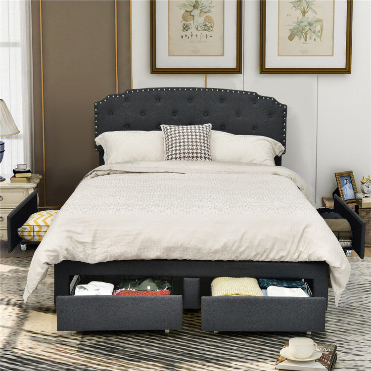 Upholstered Bed Frame with 4 Storage Drawers and Adjustable Button-Tufte