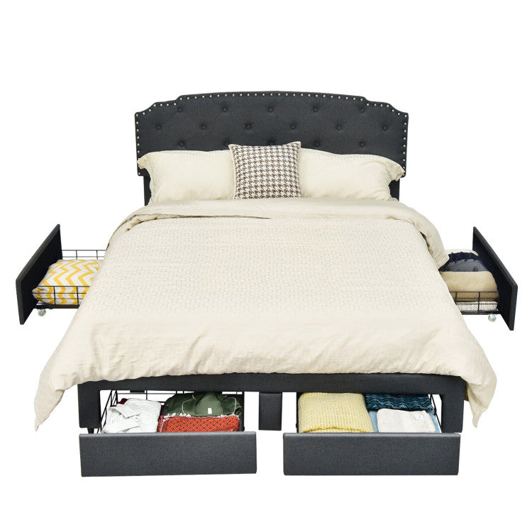 Upholstered Bed Frame with 4 Storage Drawers and Adjustable Button-Tufte