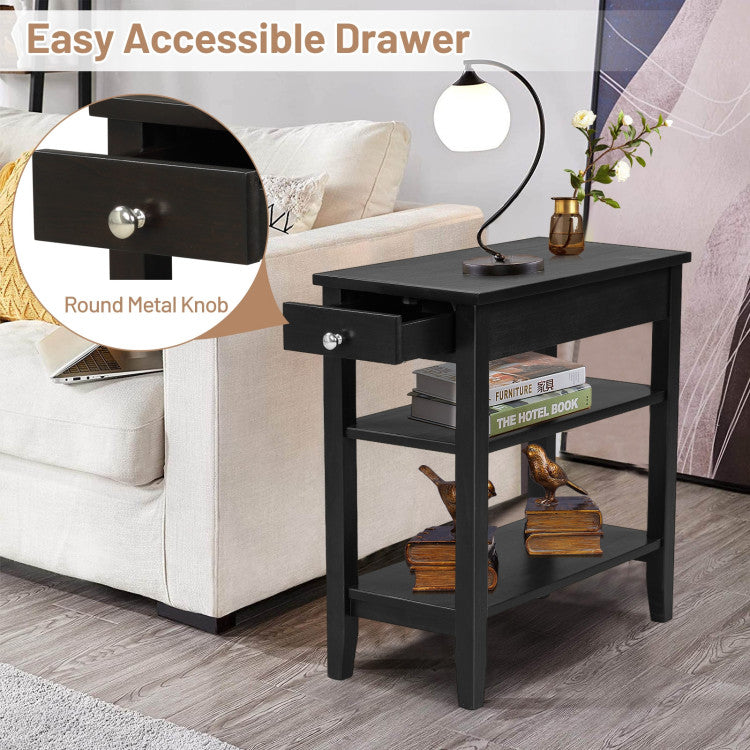 Side End Table with Drawer and 2-Tier Open Storage Shelves for Space Saving