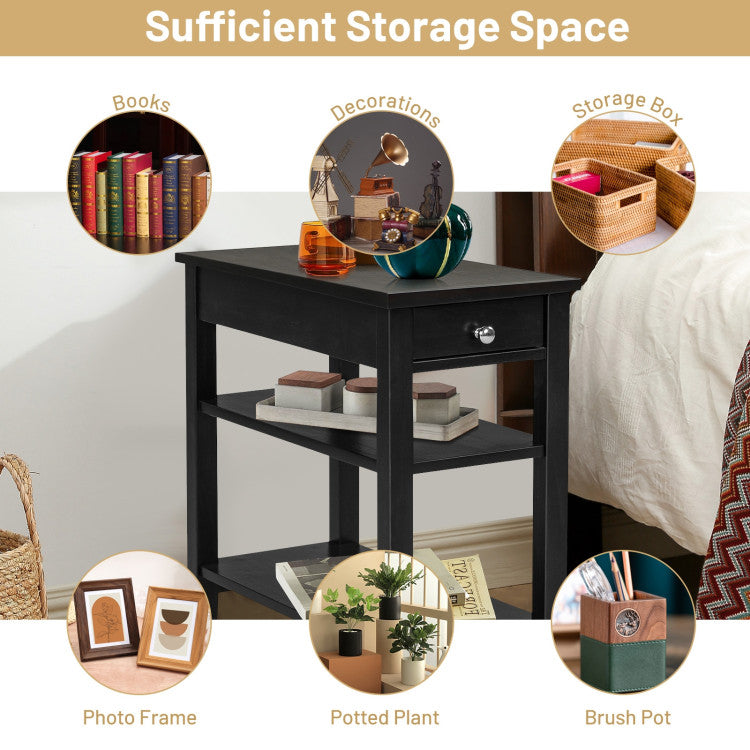 Side End Table with Drawer and 2-Tier Open Storage Shelves for Space Saving