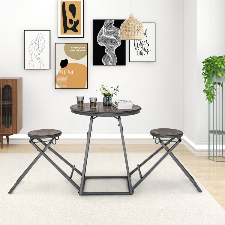 3 Pieces Dining Table Set with 2 Foldable Stools for Small Space