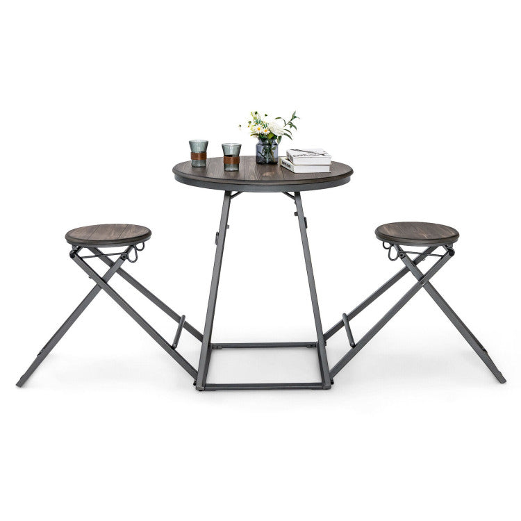 3 Pieces Dining Table Set with 2 Foldable Stools for Small Space