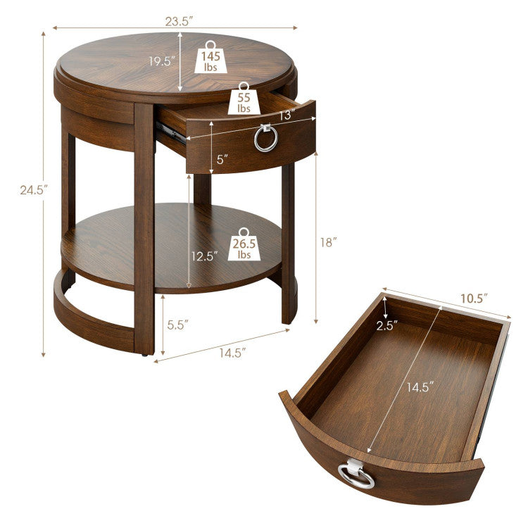 2-Tier round End Table with Drawer