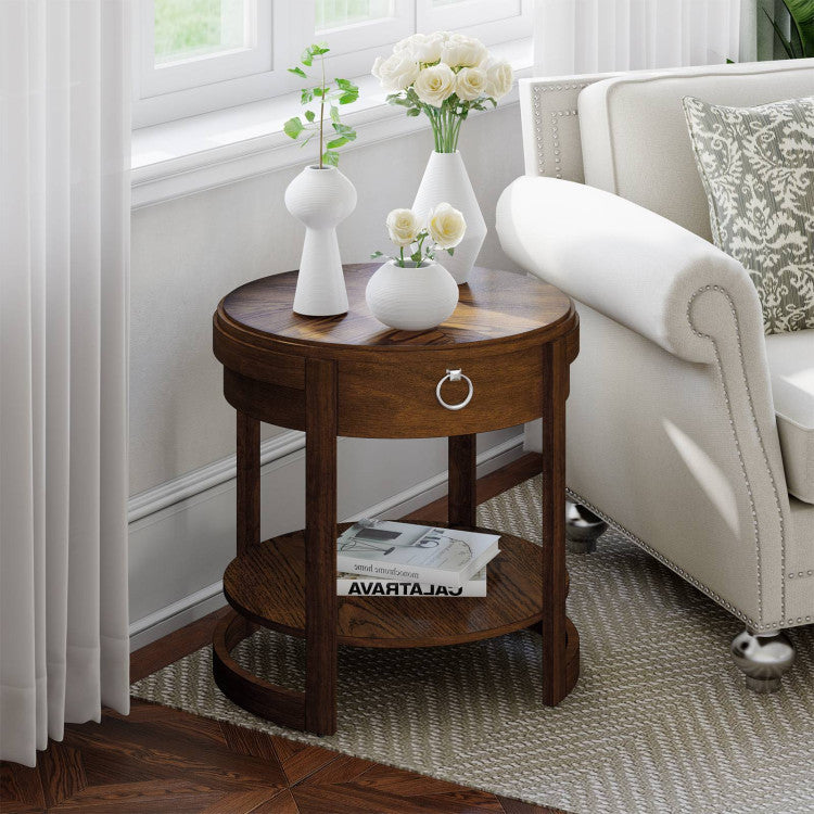 2-Tier round End Table with Drawer