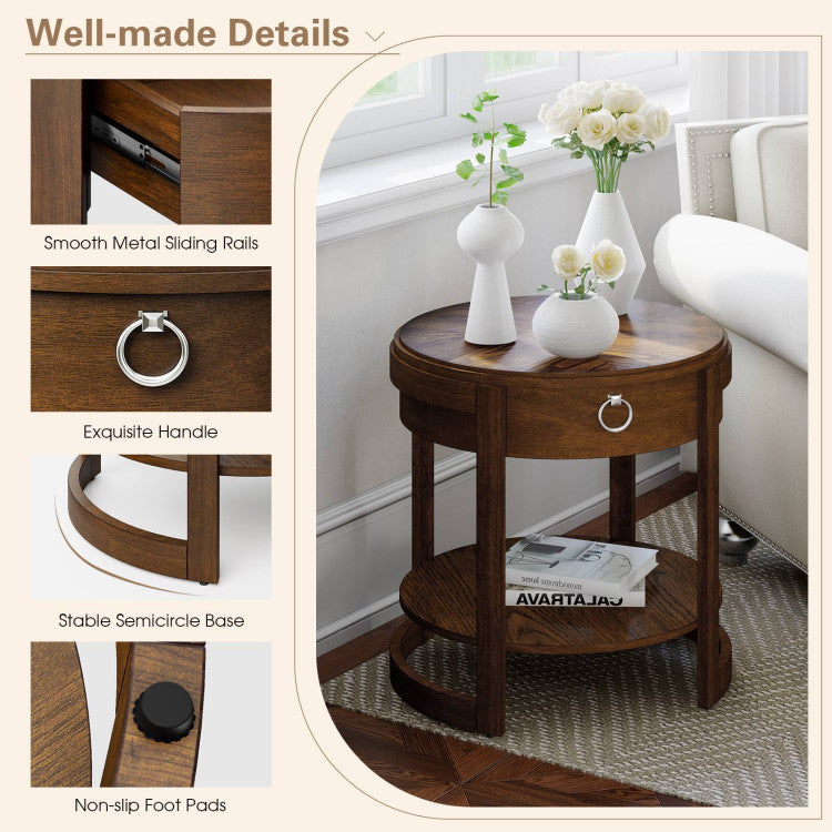 2-Tier round End Table with Drawer