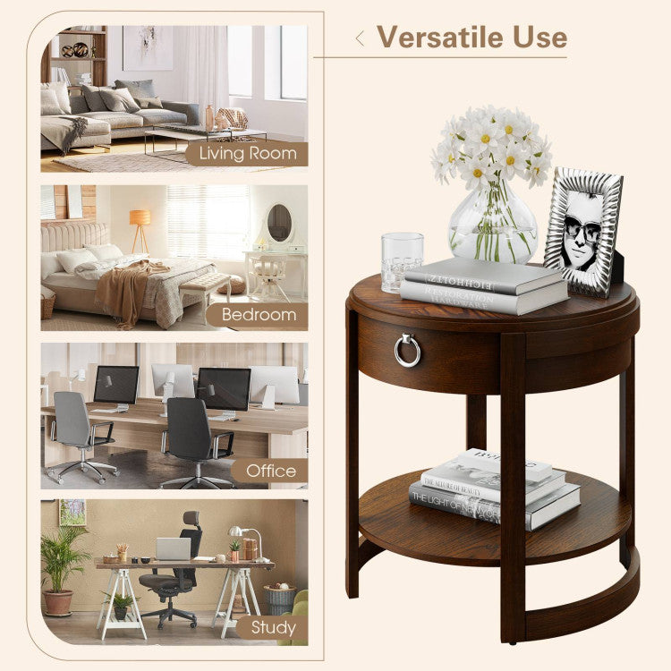 2-Tier round End Table with Drawer