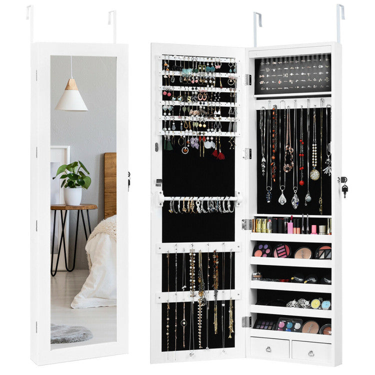 Wall Mounted Lockable Mirror Jewelry Cabinet with LED Light