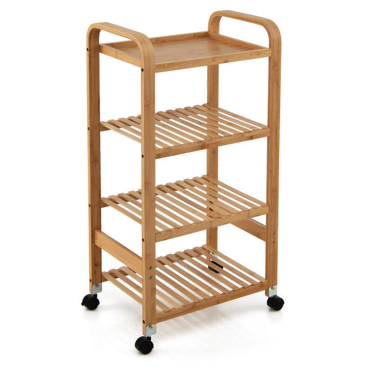 Bamboo Utility Cart with Storage Shelf and Lockable Casters