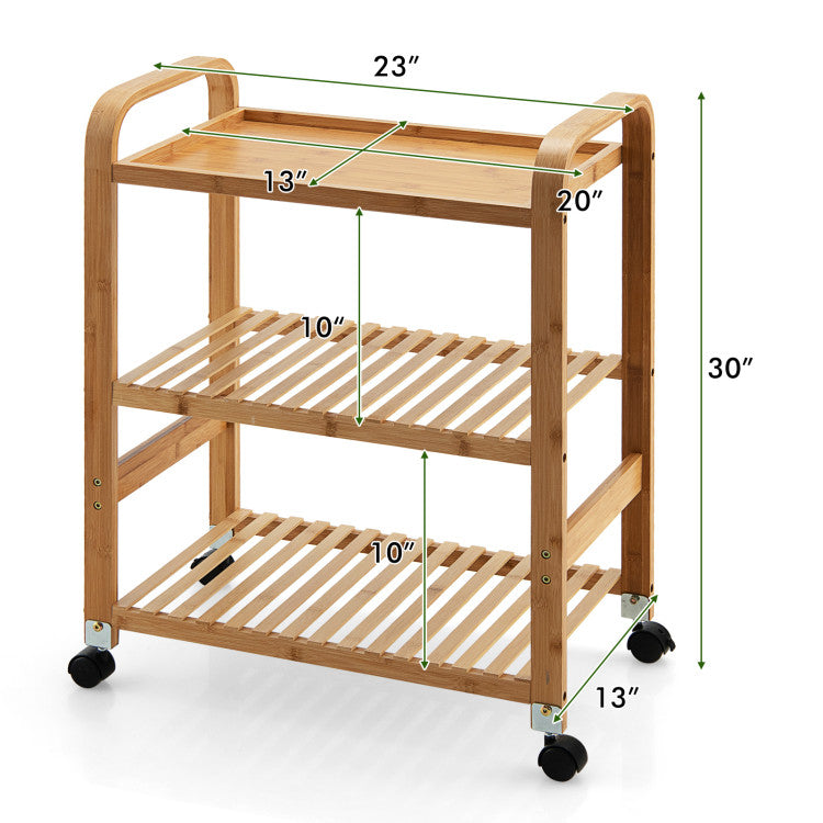 Bamboo Utility Cart with Storage Shelf and Lockable Casters