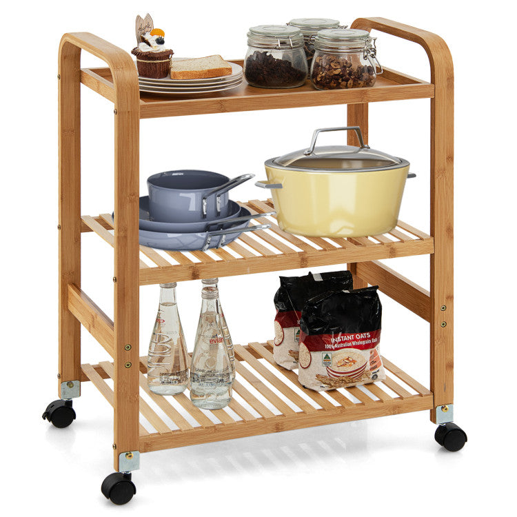 Bamboo Utility Cart with Storage Shelf and Lockable Casters