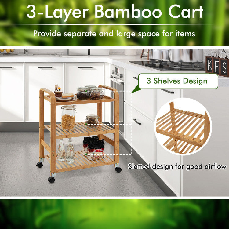 Bamboo Utility Cart with Storage Shelf and Lockable Casters