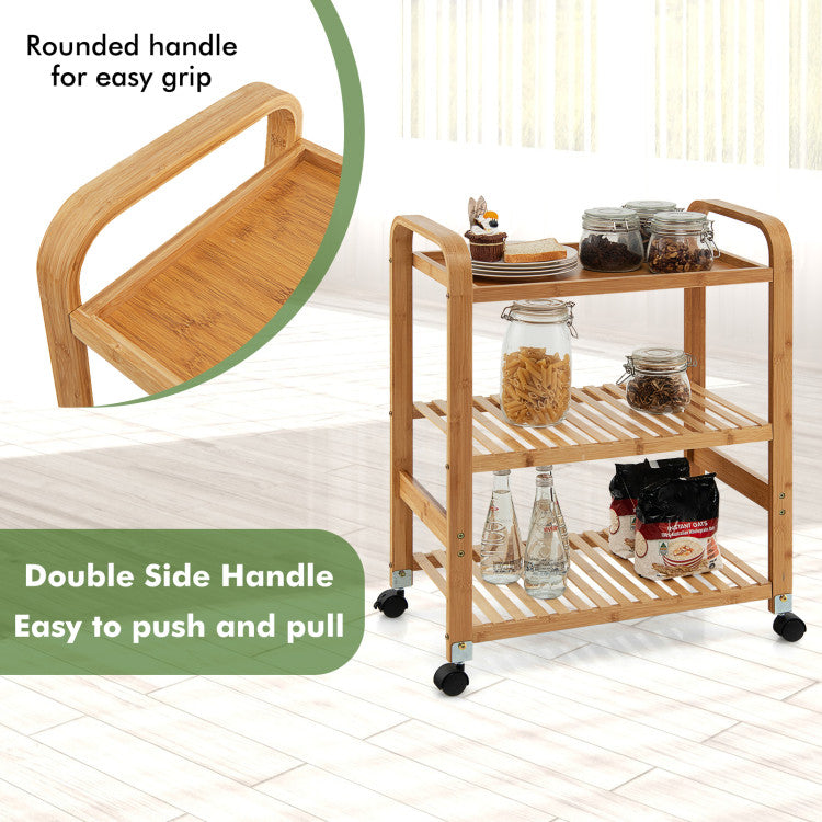 Bamboo Utility Cart with Storage Shelf and Lockable Casters