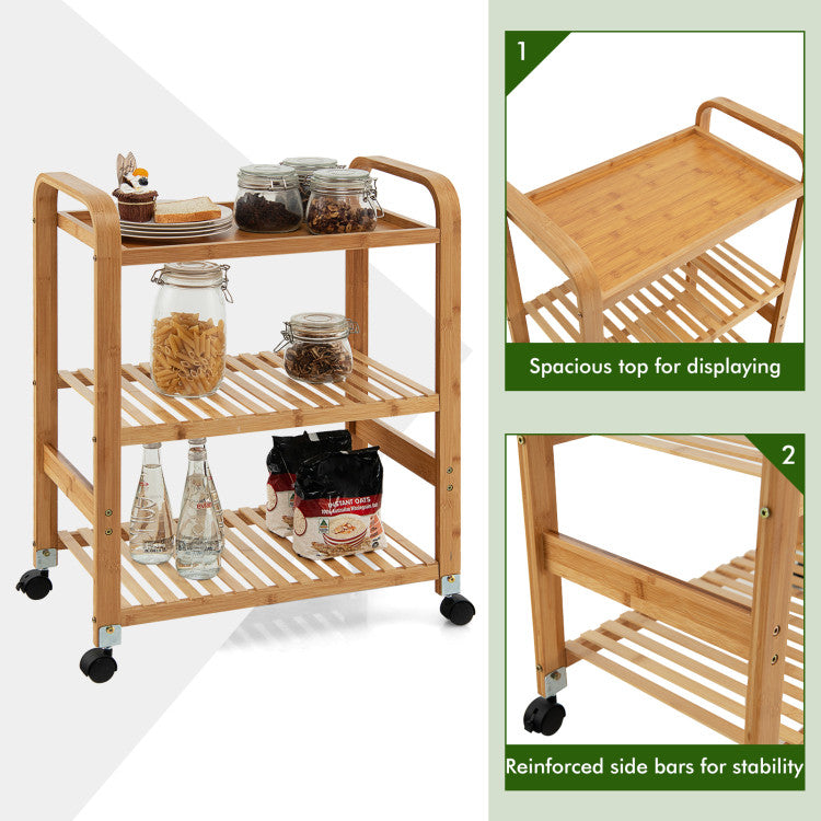 Bamboo Utility Cart with Storage Shelf and Lockable Casters