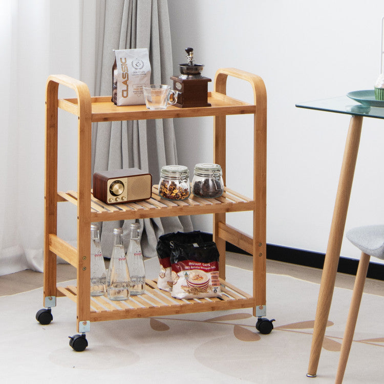 Bamboo Utility Cart with Storage Shelf and Lockable Casters