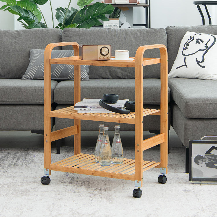 Bamboo Utility Cart with Storage Shelf and Lockable Casters