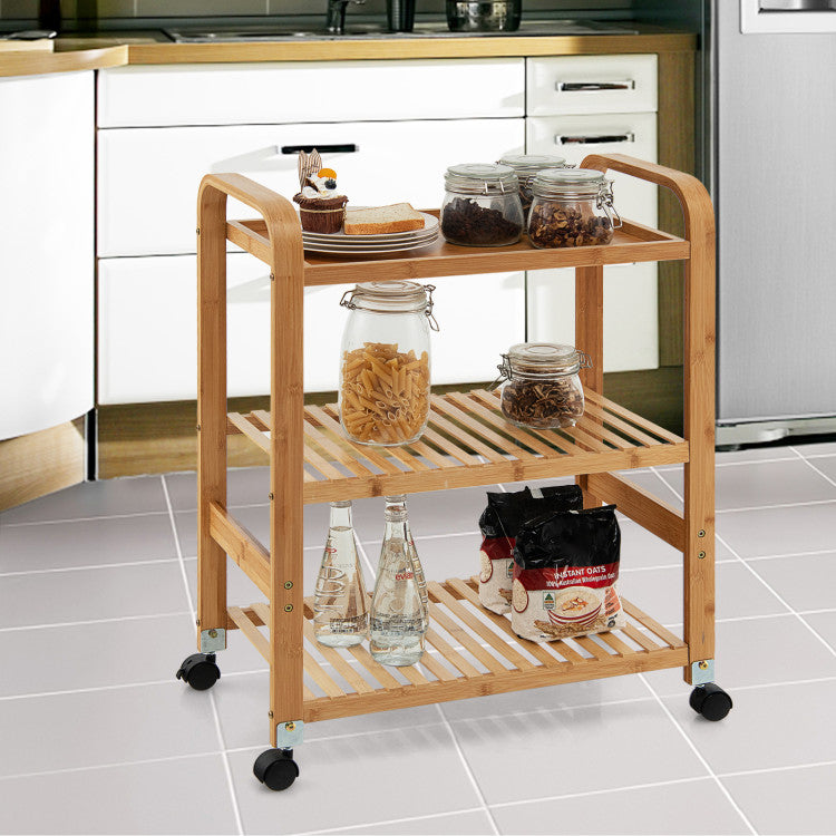 Bamboo Utility Cart with Storage Shelf and Lockable Casters