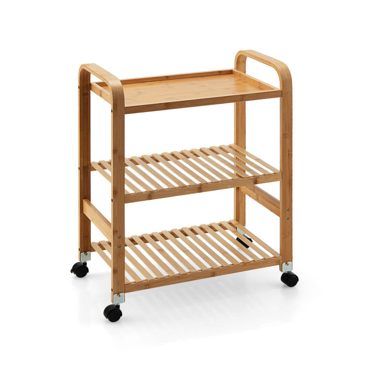 Bamboo Utility Cart with Storage Shelf and Lockable Casters