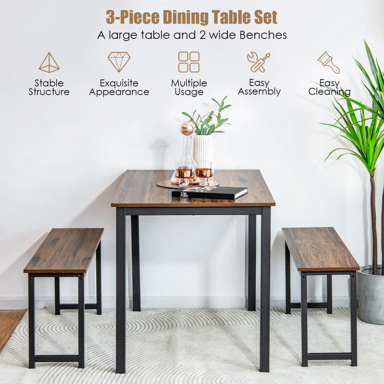 3 Pieces Dining Table Set with 2 Benches for Dining Room Kitchen Bar