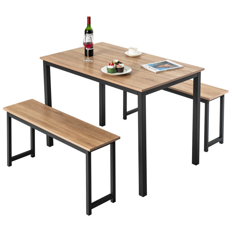 3 Pieces Dining Table Set with 2 Benches for Dining Room Kitchen Bar