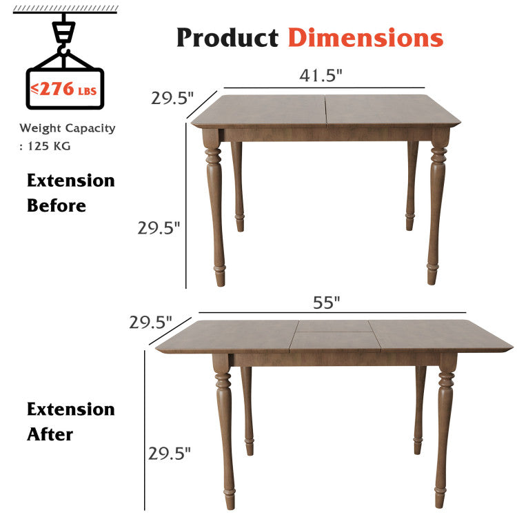 Extendable Wooden Dining Table with Rubber Wood Legs