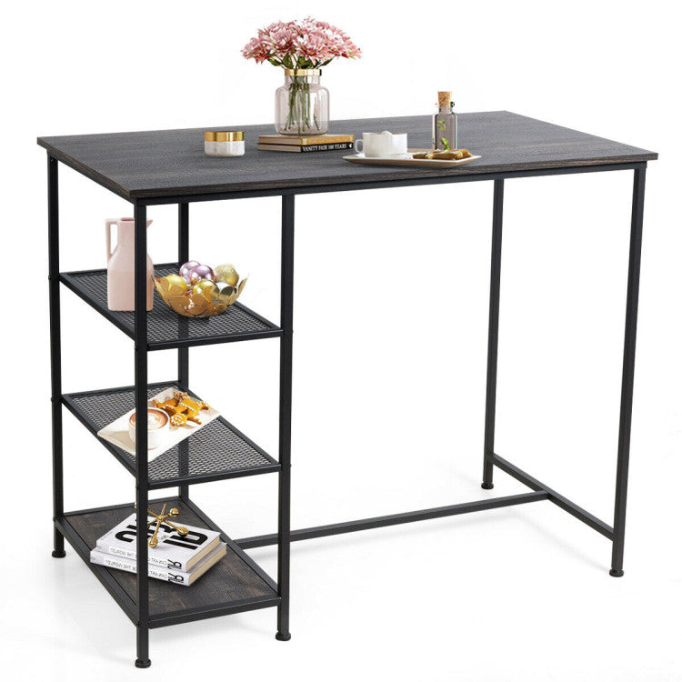 Industrial Dining Bar Pub Table with Metal Frame and Storage Shelves