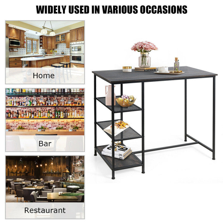 Industrial Dining Bar Pub Table with Metal Frame and Storage Shelves