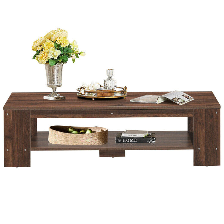 Industrial Rustic 2-Tier Rectangular Coffee Table with Storage Shelf