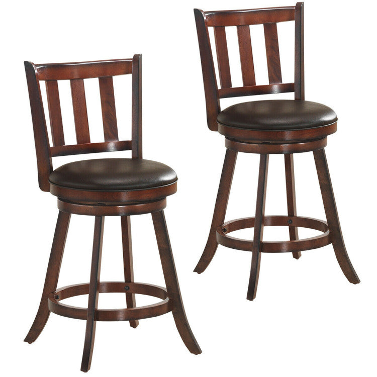 2 Pieces 360 Degree Swivel Wooden Counter Height Bar Stool Set with Cushioned Seat