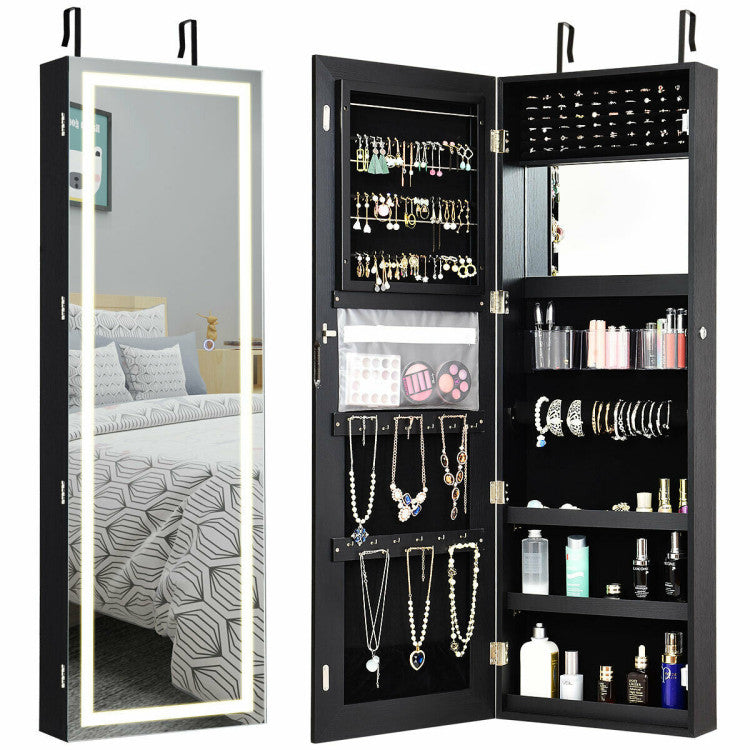 Mirrored Jewelry Armoire with Full Length Mirror and 2 Internal LED Lights