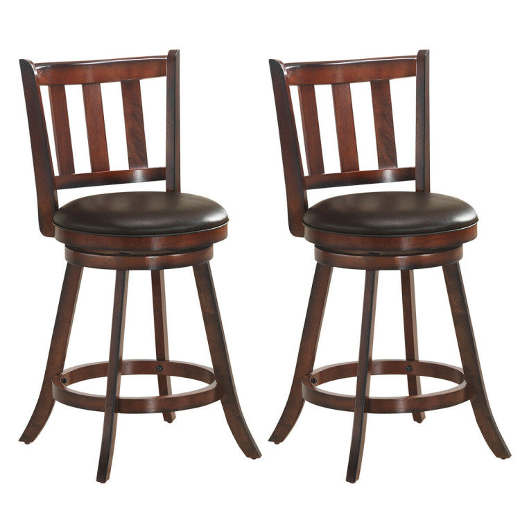 2 Pieces 360 Degree Swivel Wooden Counter Height Bar Stool Set with Cushioned Seat