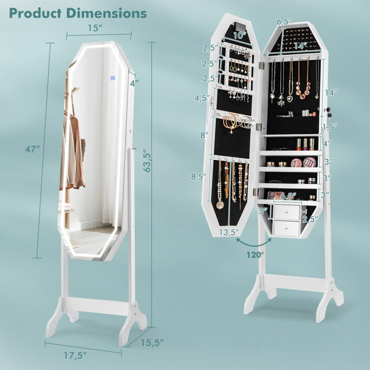 Standing Lockable Jewelry Armoire with Full Length LED Mirror